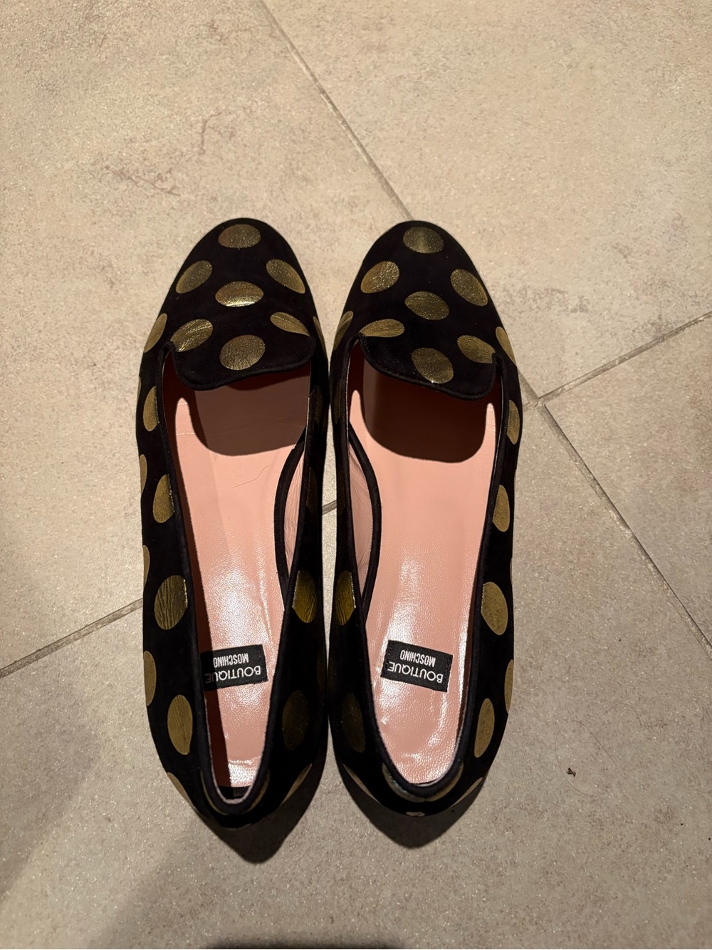Moschino - Black Suede Polka Dot Loafers - Gold Dots